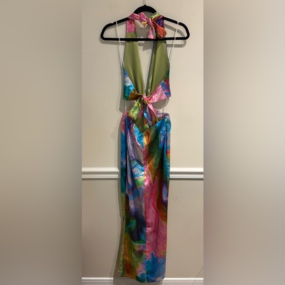AKIRA Free Spirit Satin Maxi Dress Abstract Rainbow NWT Size Medium - Picture 6 of 12